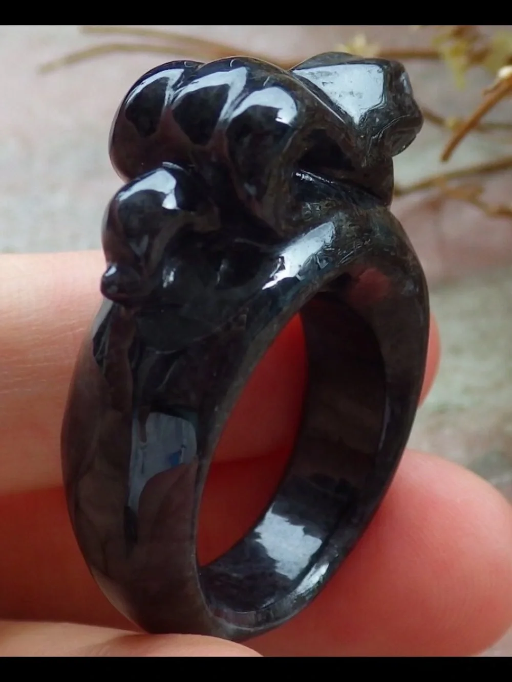 Certificate Jadeite Jade carved black Snake ring size8.5